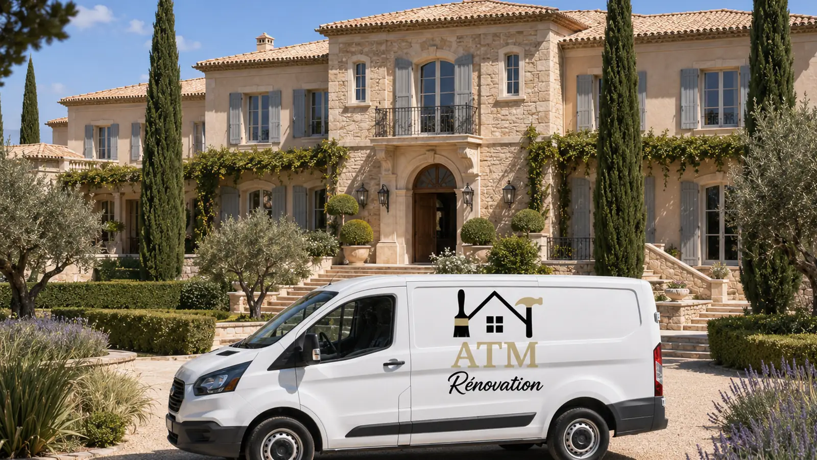 Camionnette ATM Rénovation devant une villa provençale en pierre